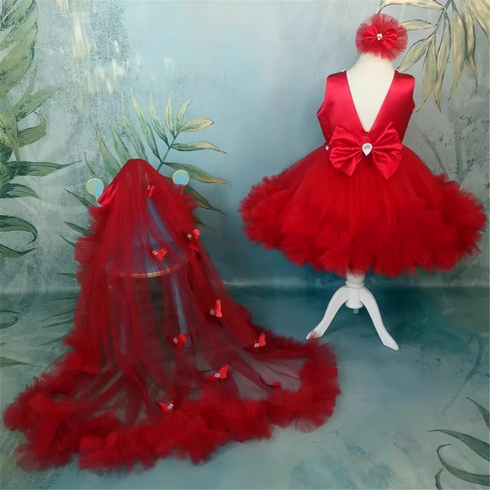Toddler Girl Tulle Party Dress - Vestidos de niña de flores rojas